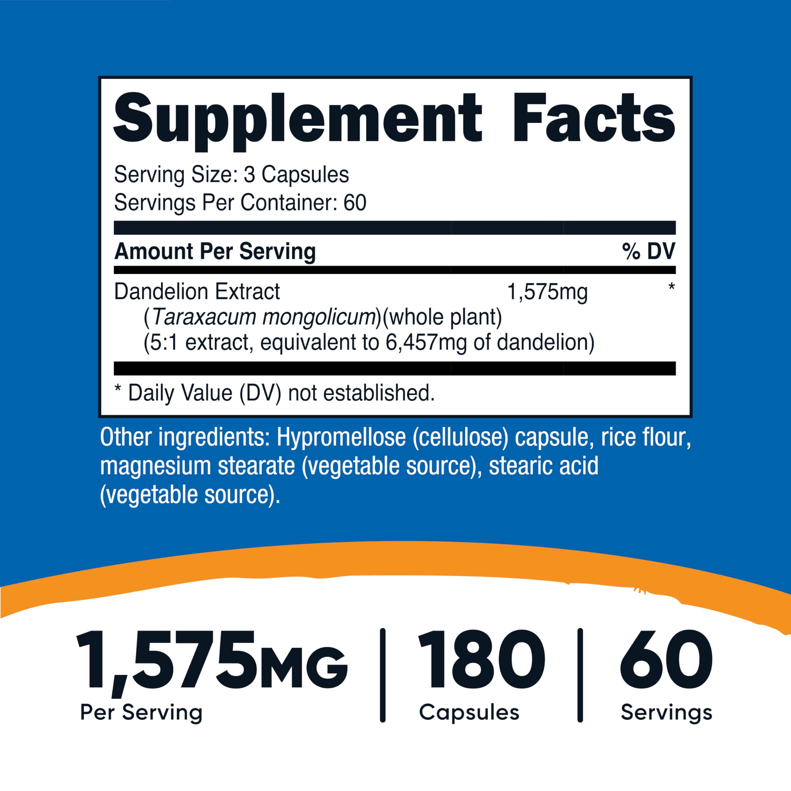 Closeup of Nutricost Dandelion Extract capsules emphasizing 525 mg per capsule