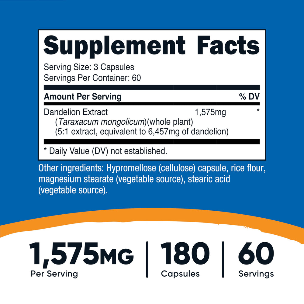 Closeup of Nutricost Dandelion Extract capsules emphasizing 525 mg per capsule