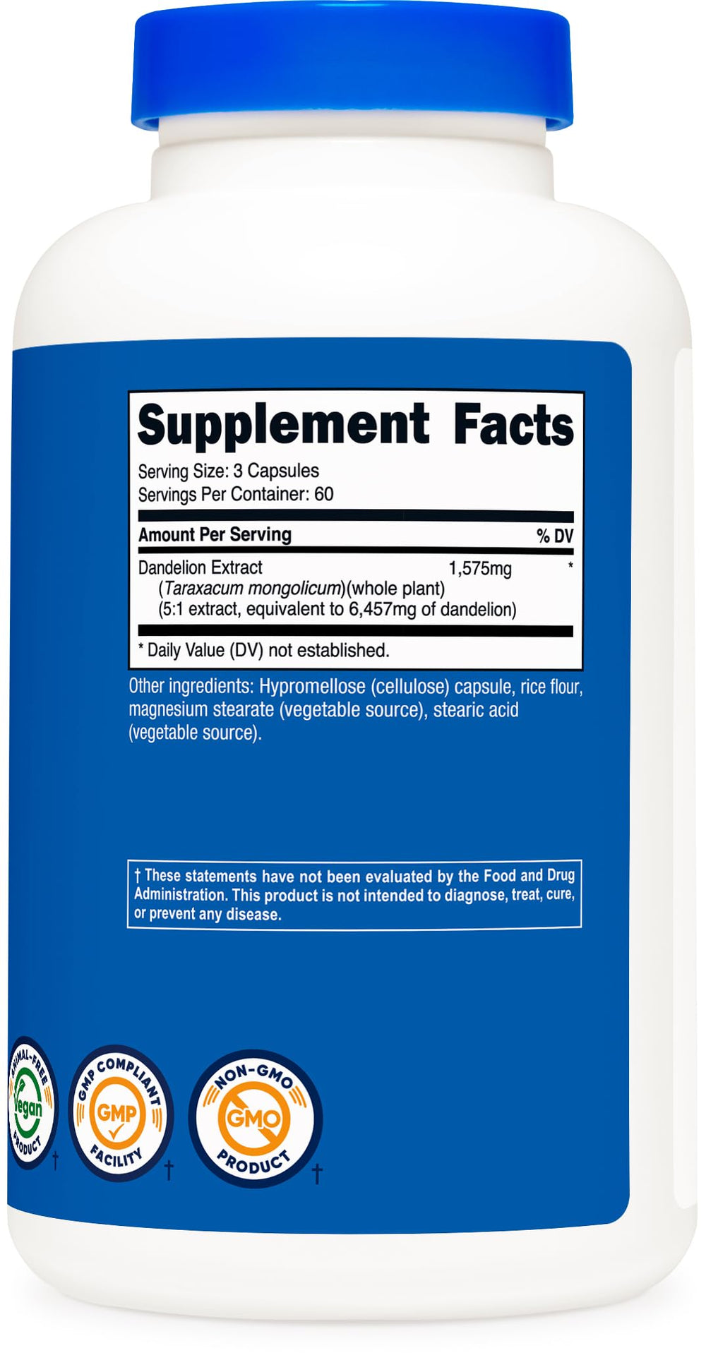 Third-party ISO testing badge on Nutricost Dandelion Extract packaging