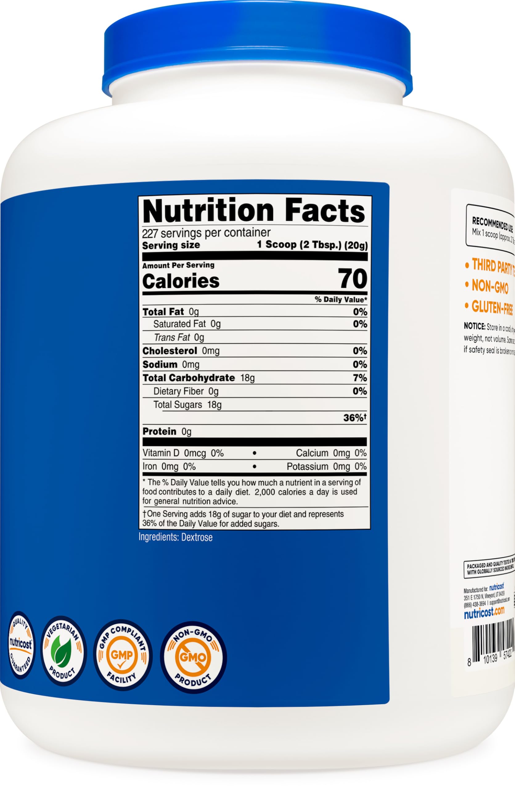 Nutricost Dextrose facility badge visual emphasizes quality control and safety.