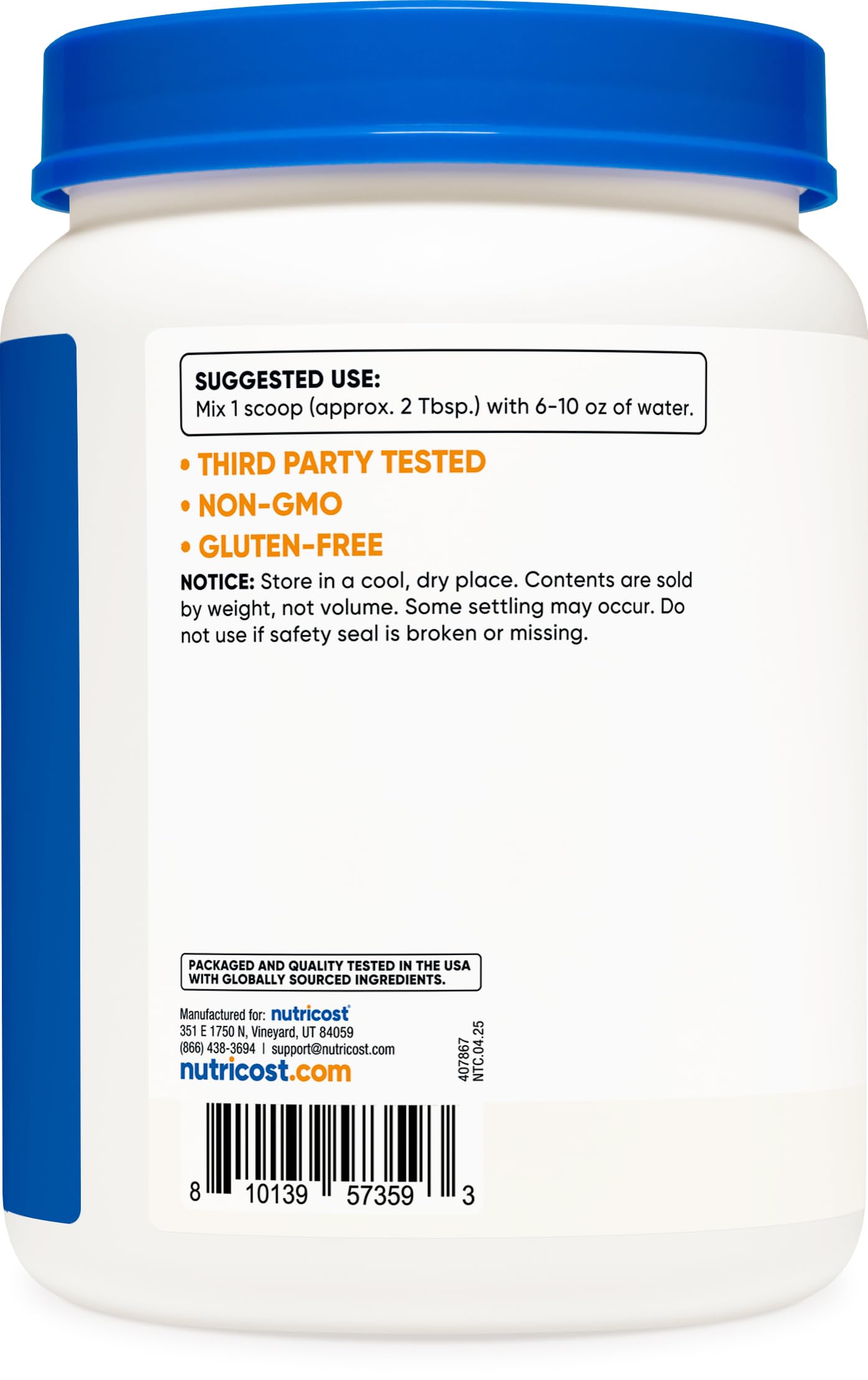 Gluten-free and non-GMO badge on Nutricost Dextrose Powder jar