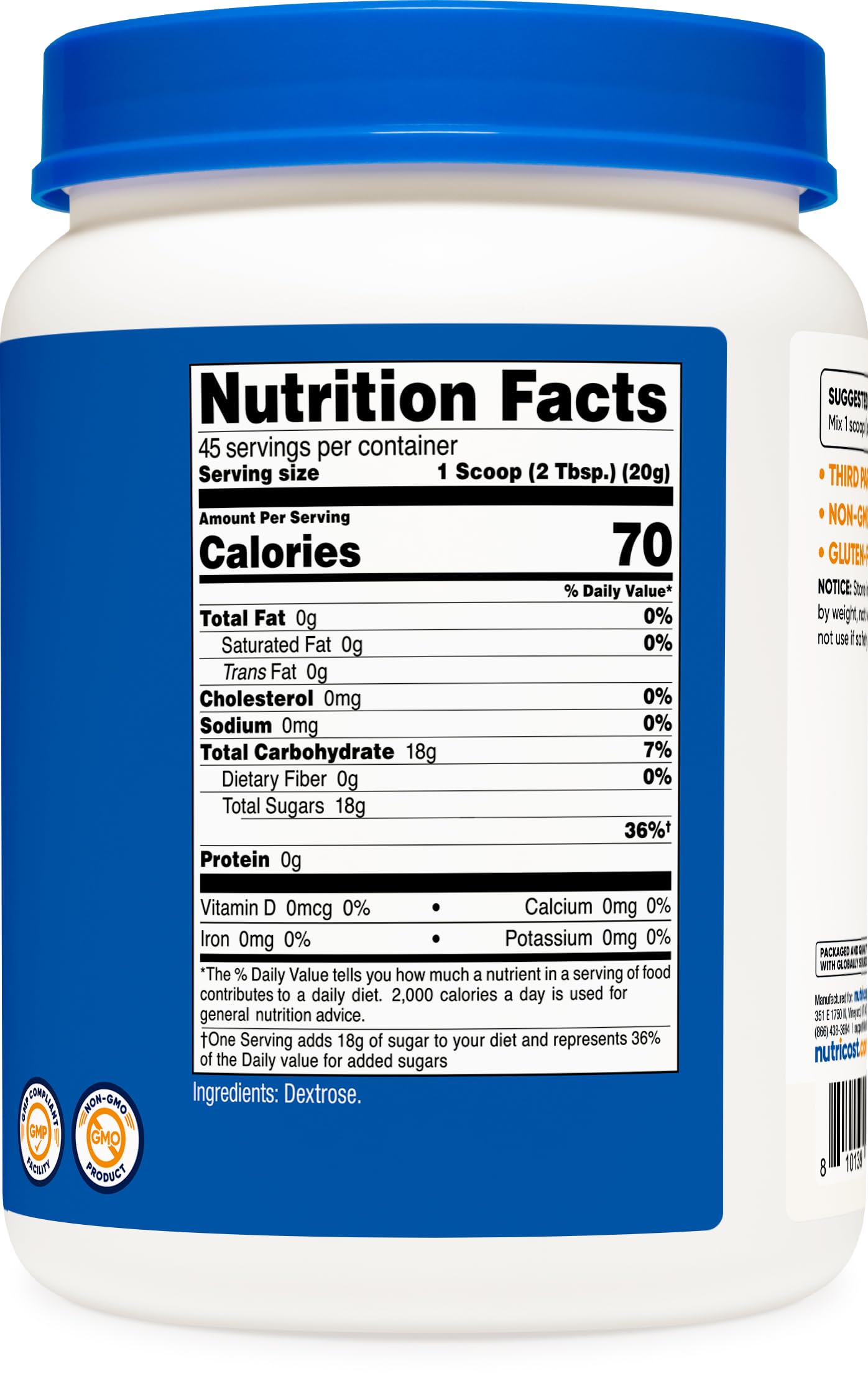 Scooping Nutricost Dextrose Powder into a smoothie bottle
