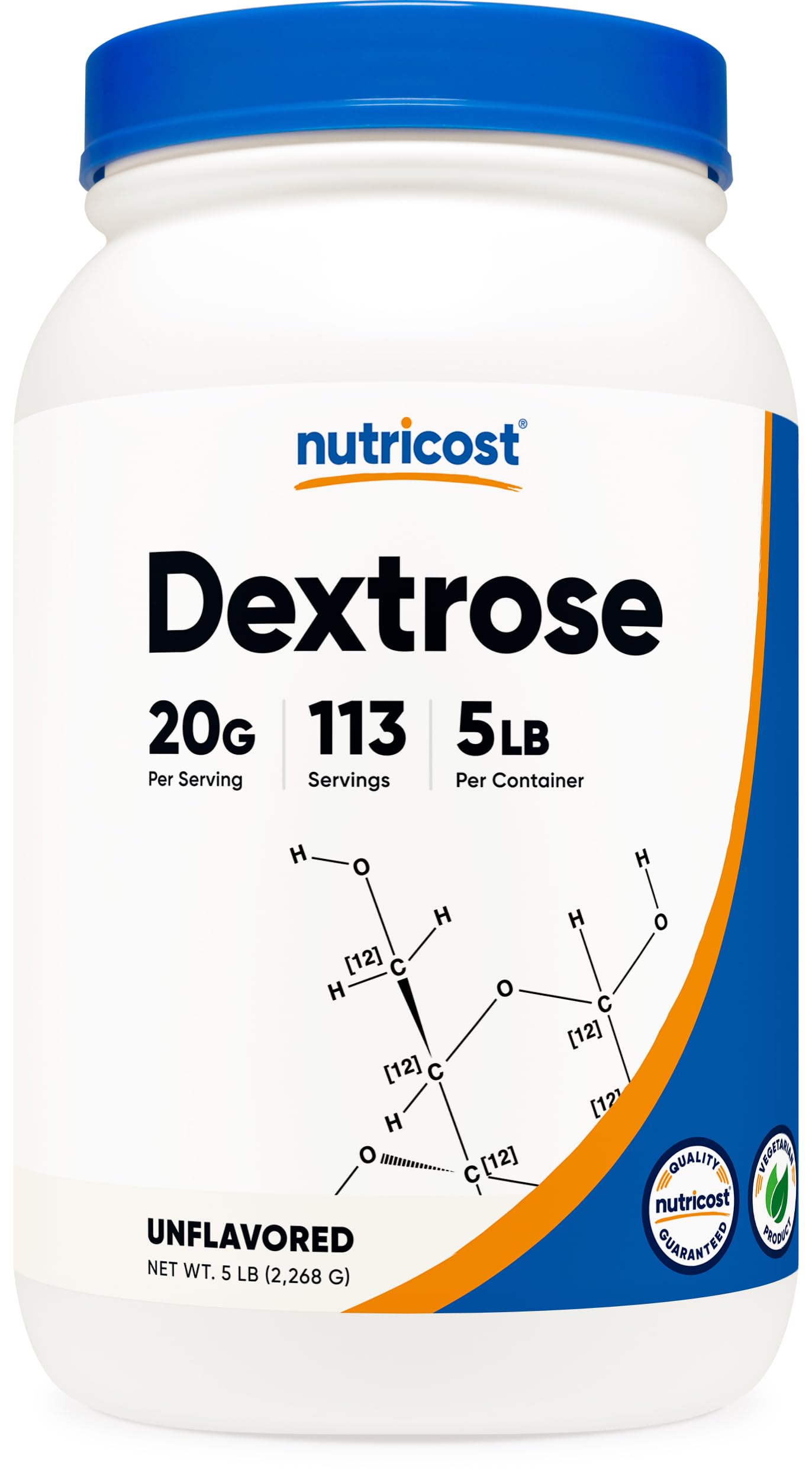 Nutricost Dextrose Powder bottle showing 5 lb size for easy storage