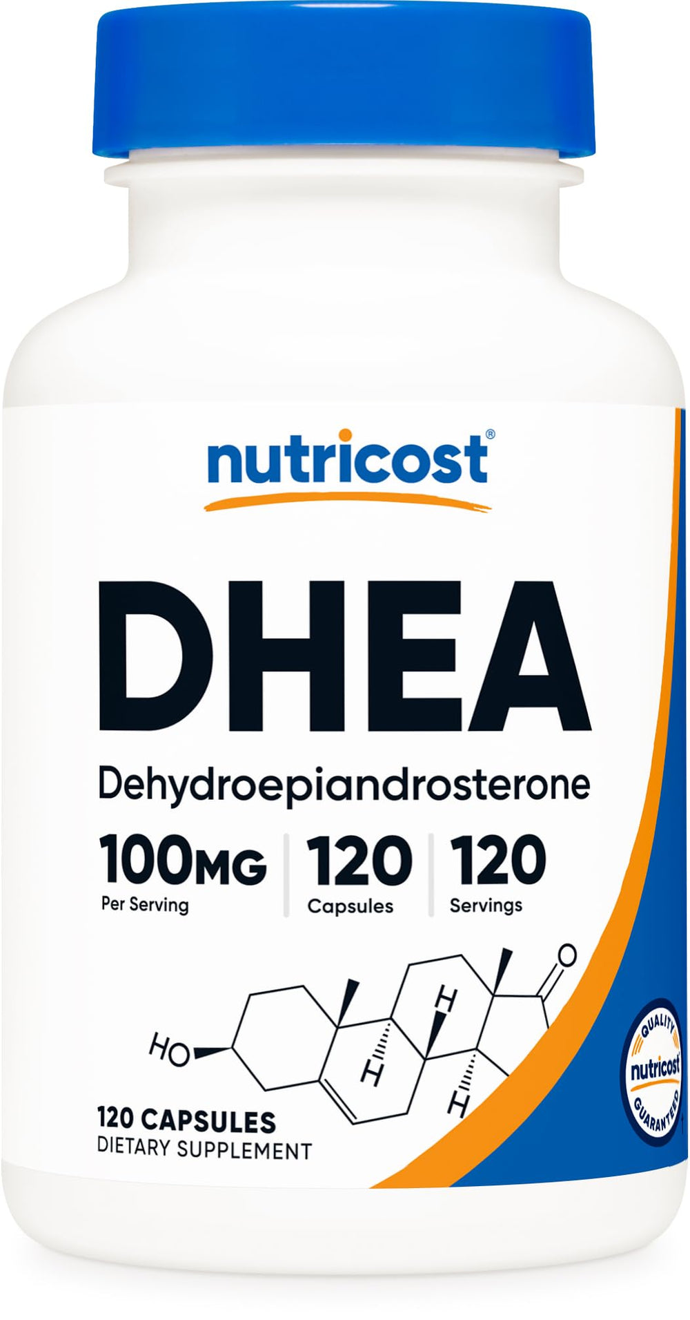 Nutricost DHEA 100mg bottle front highlights potency and gluten-free, non-GMO qualities.