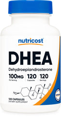 Nutricost DHEA 100mg bottle front highlights potency and gluten-free, non-GMO qualities.