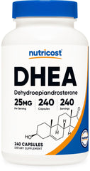 Nutricost DHEA 25mg bottle front with dosage clearly visible for daily use