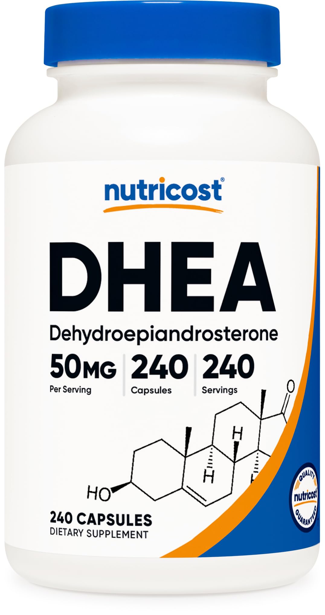 Nutricost DHEA 50mg bottle front highlights gluten-free, non-GMO purity.