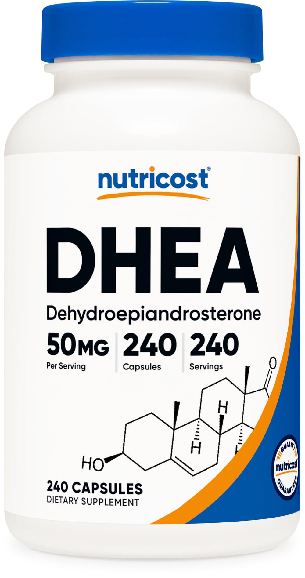 Nutricost DHEA 50mg bottle front highlights gluten-free, non-GMO purity.