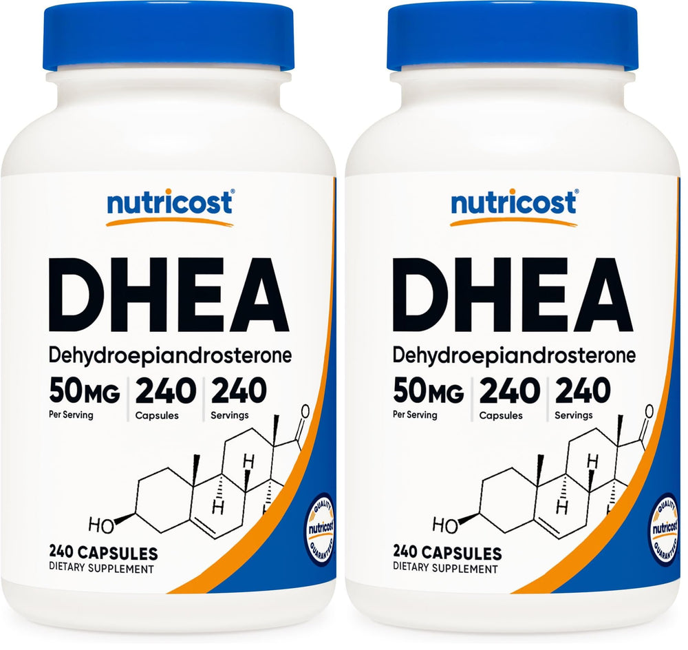 Nutricost DHEA 50mg bottle for daily wellness routine.