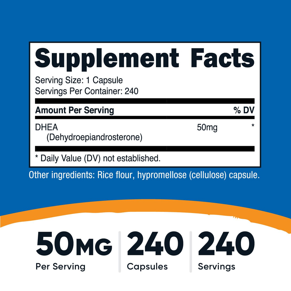 Nutricost DHEA capsules closeup shows 50mg per capsule for easy dosing.