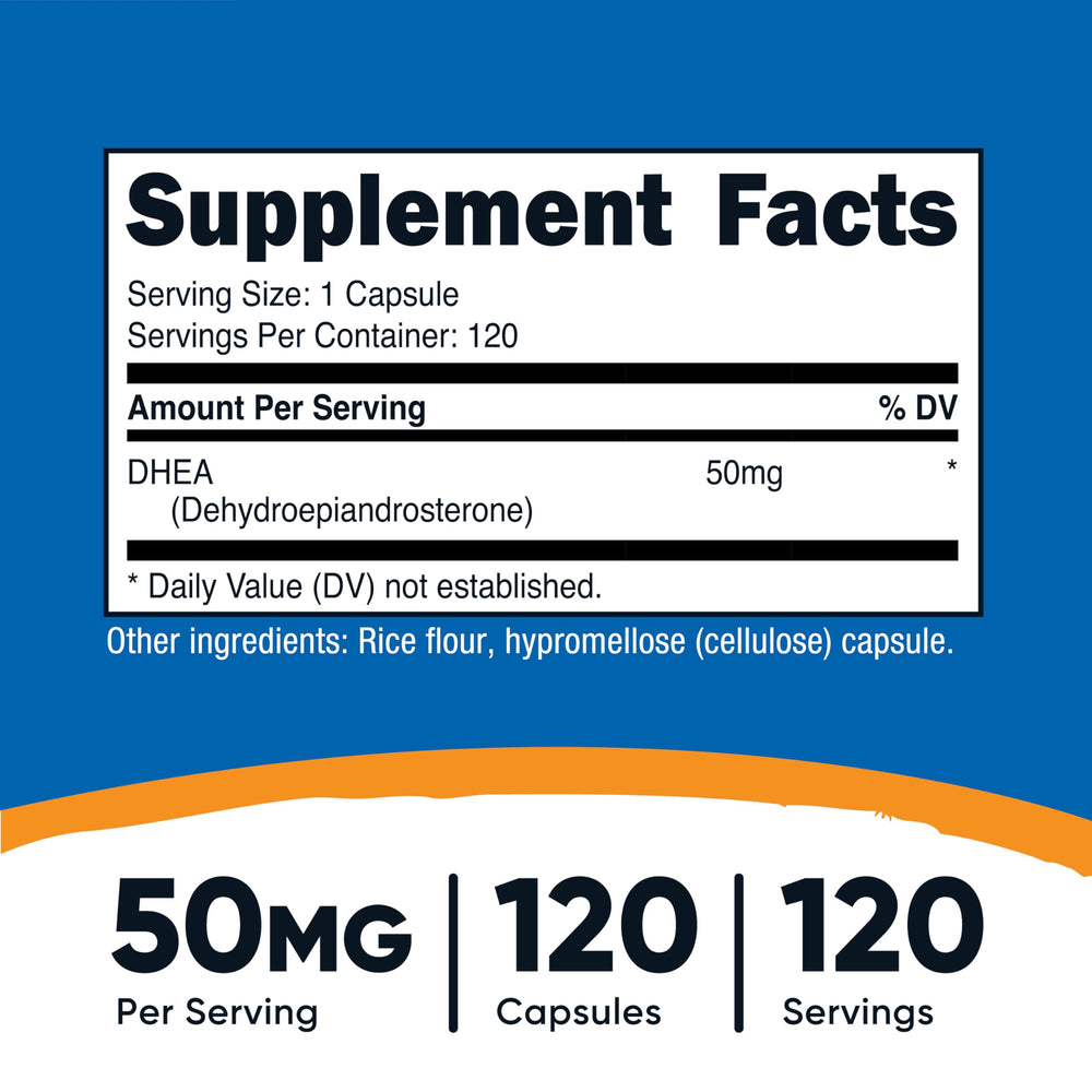 Nutricost DHEA 50mg capsules close-up highlighting fast-release design.