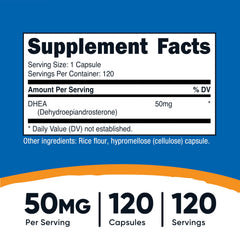 Nutricost DHEA 50mg capsules close-up highlighting fast-release design.
