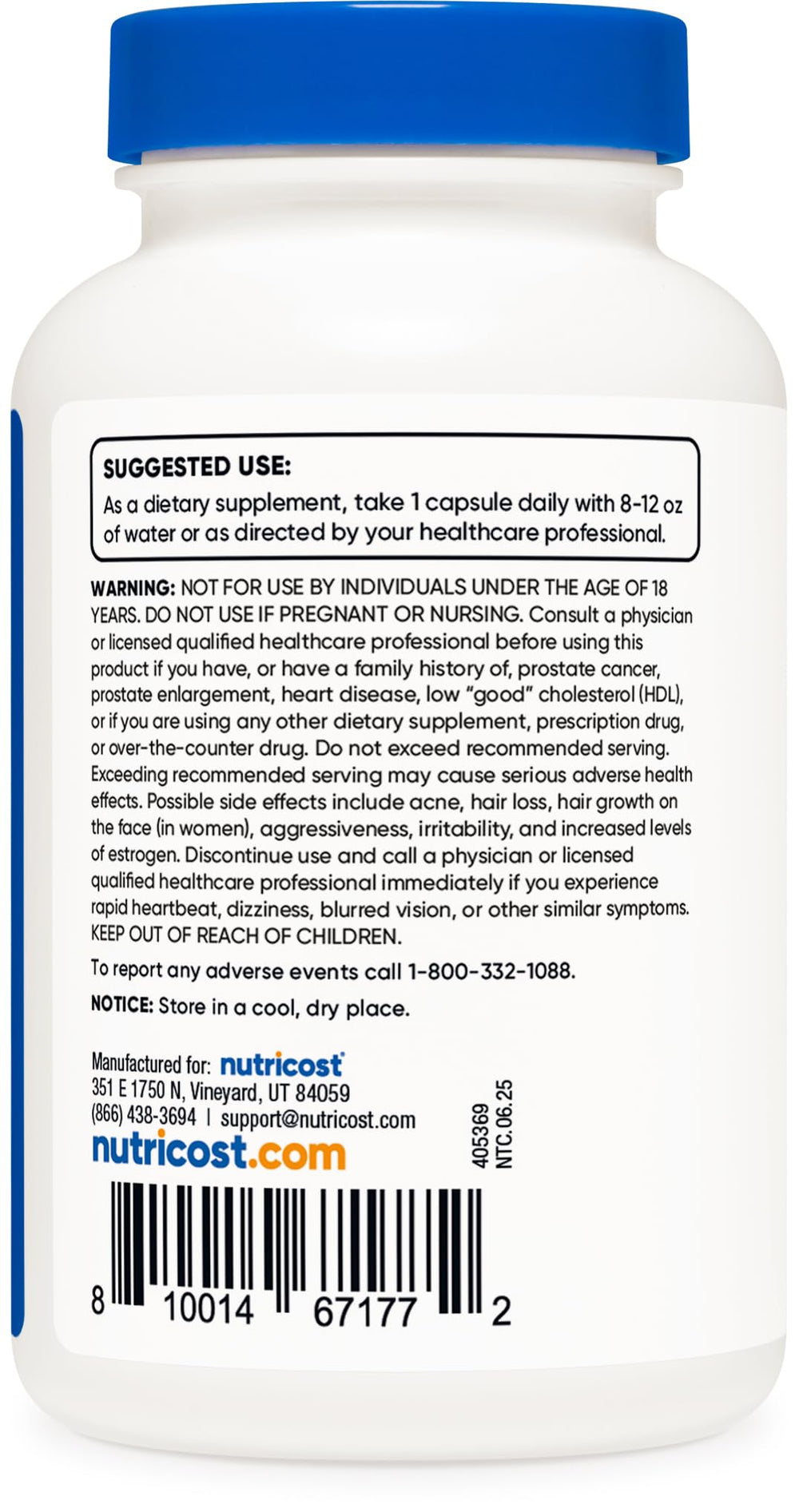 Nutricost DHEA bottle back view with supplement facts and ingredients