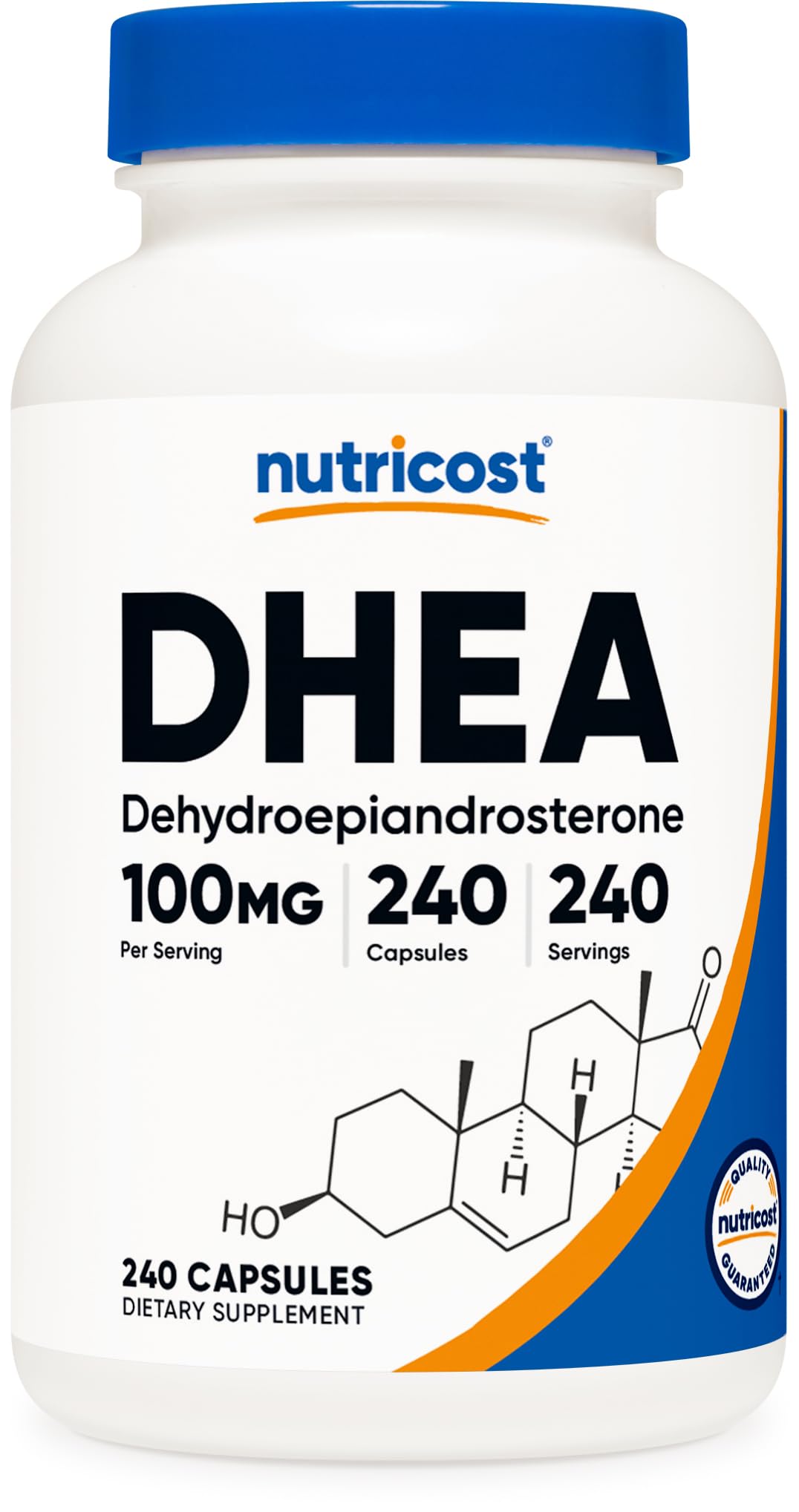 Nutricost DHEA bottle front view with clear label for easy shopping