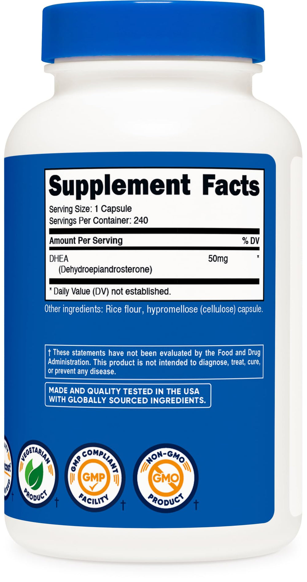 Nutricost DHEA bottle in hand demonstrates a convenient 240-capsule supply.