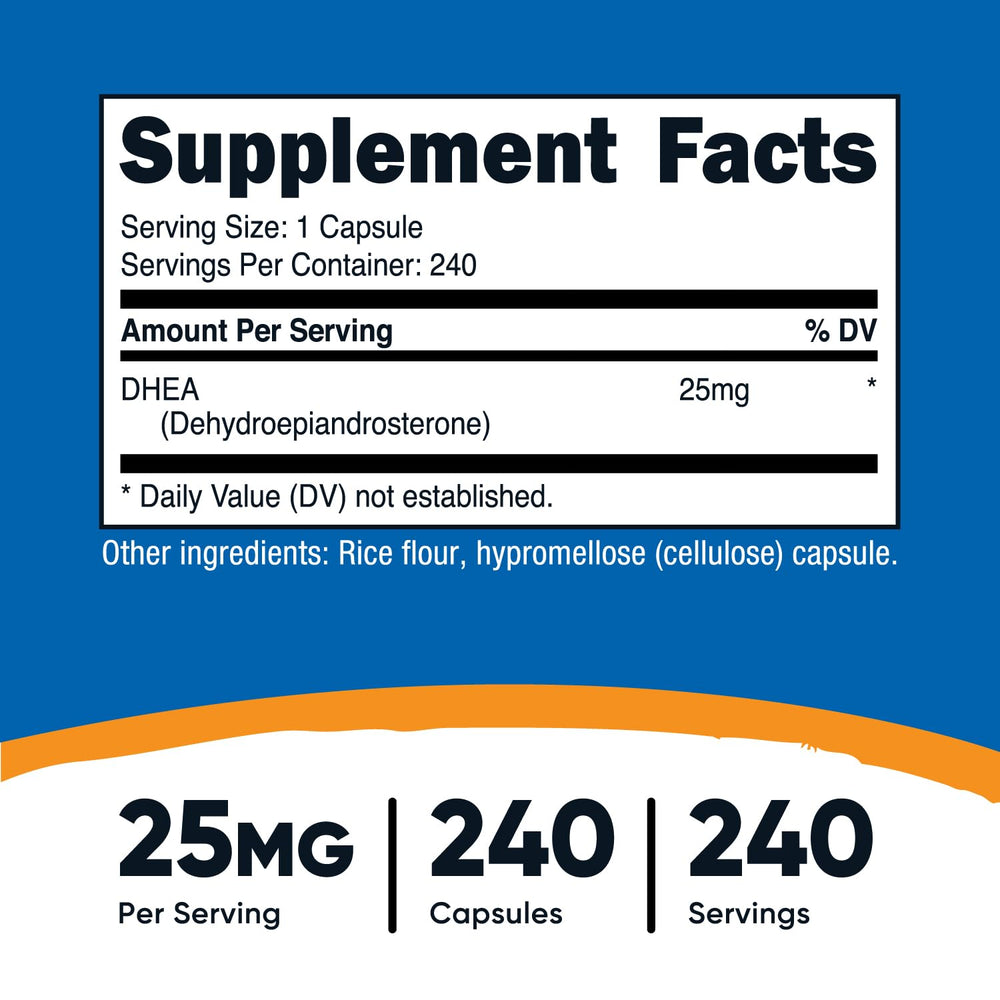 Nutricost DHEA capsules 240-count arranged for routine use