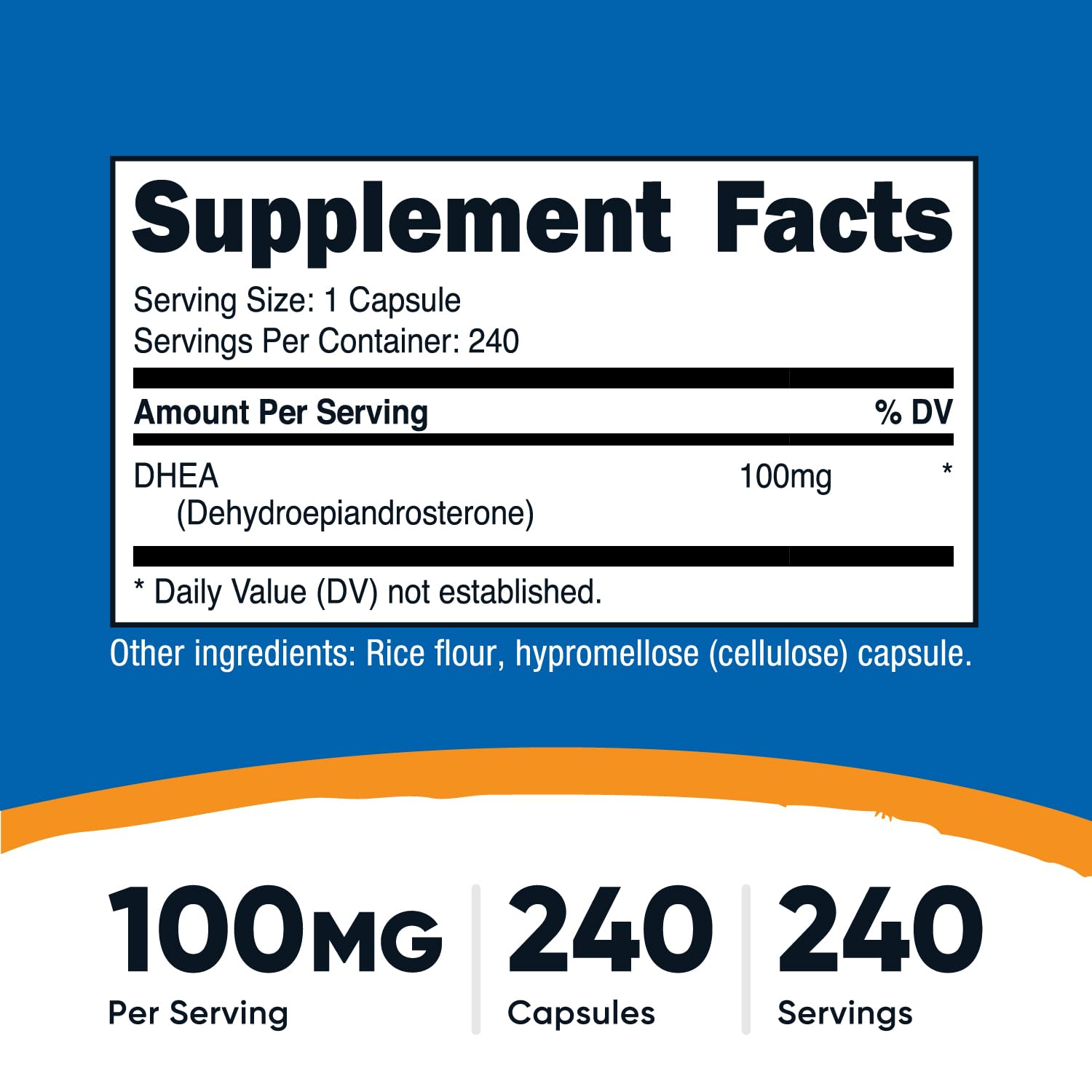 Nutricost DHEA capsules close-up showing 100 mg per capsule