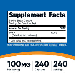 Nutricost DHEA capsules close-up showing 100 mg per capsule