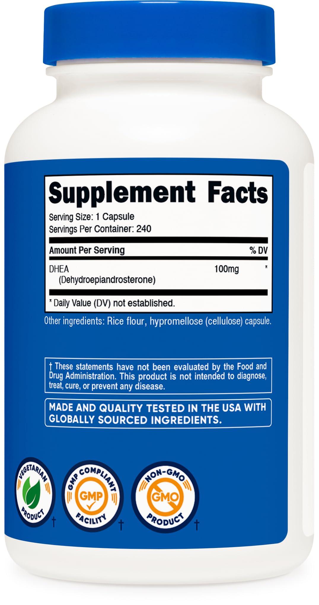 Nutricost DHEA certifications and facility logos visible for trust