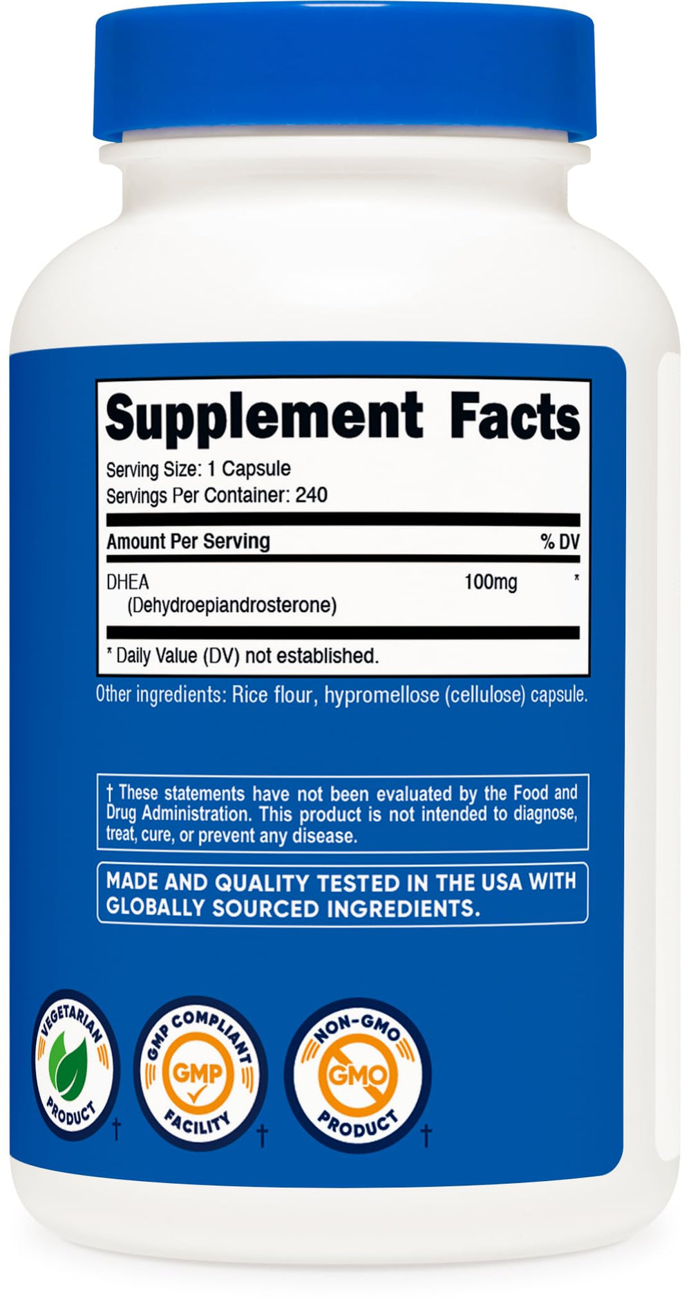 Nutricost DHEA certifications and facility logos visible for trust