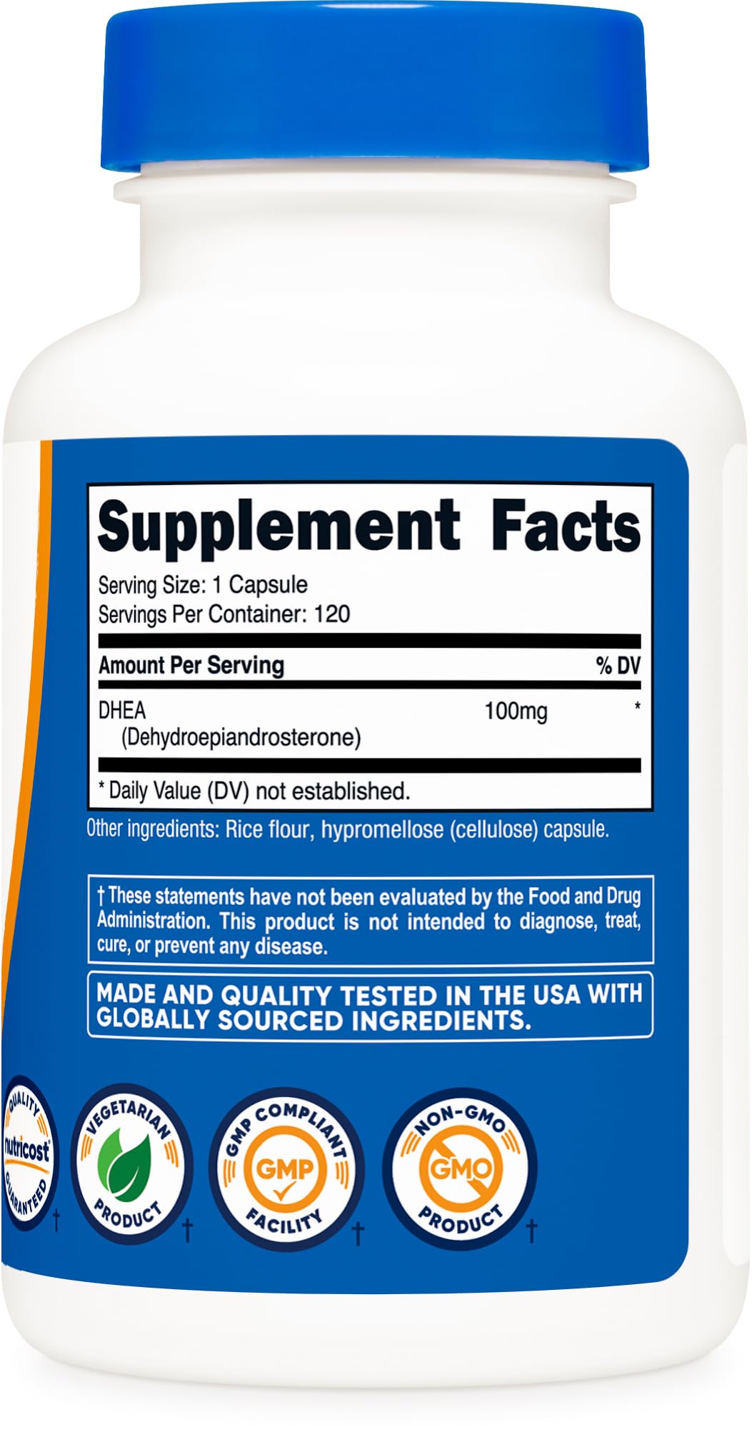 Nutricost DHEA third-party testing label reinforces ISO-accredited quality assurance.