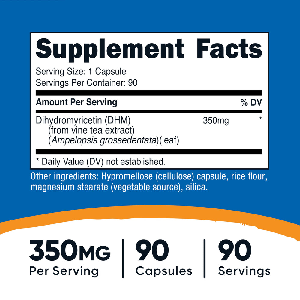 Nutricost DHM capsules bottle side view highlighting 350 mg per capsule.