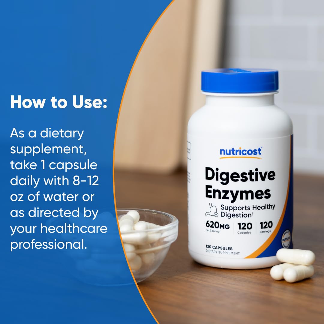 Nutricost Digestive Enzymes facts pack highlighting GMP and FDA-registered facility