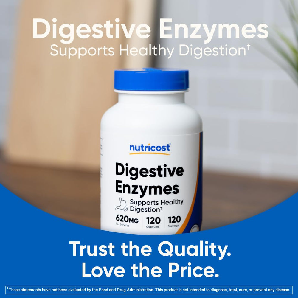 Nutricost Digestive Enzymes packaging on plate background illustrating complete enzyme blend