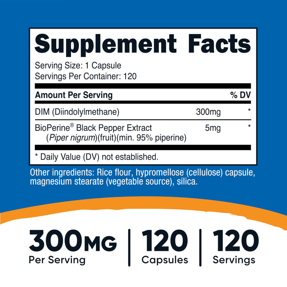 Nutricost DIM capsules close-up highlighting capsule texture and dosage.