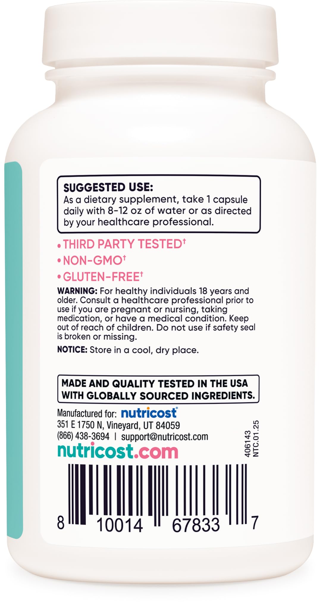 Nutricost DIM label highlighting GMP and FDA-registered facility