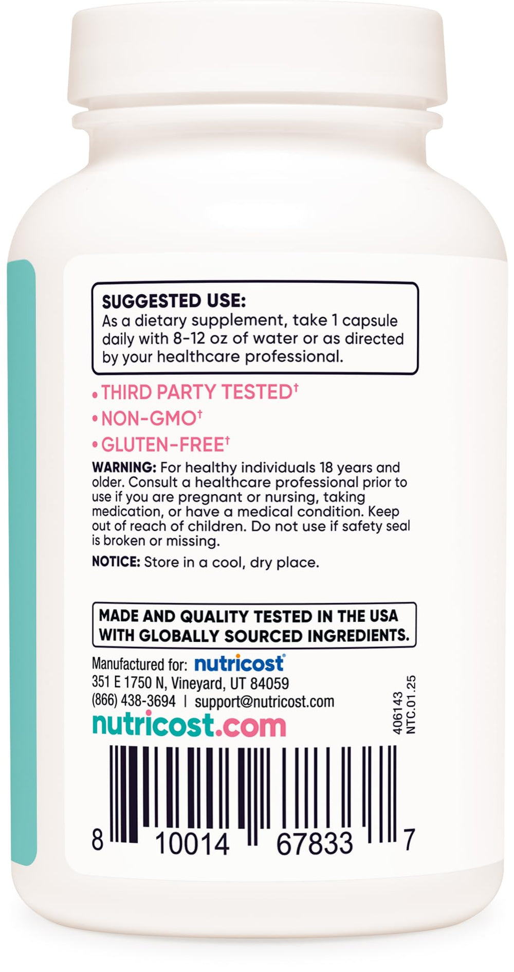 Nutricost DIM label highlighting GMP and FDA-registered facility