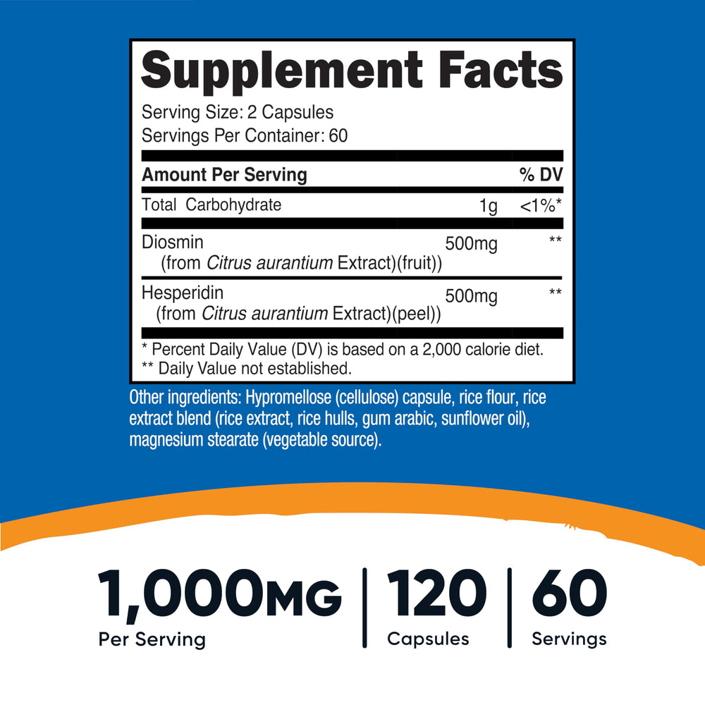 Close-up of Nutricost Diosmin with Hesperidin capsules showing 1000mg per serving