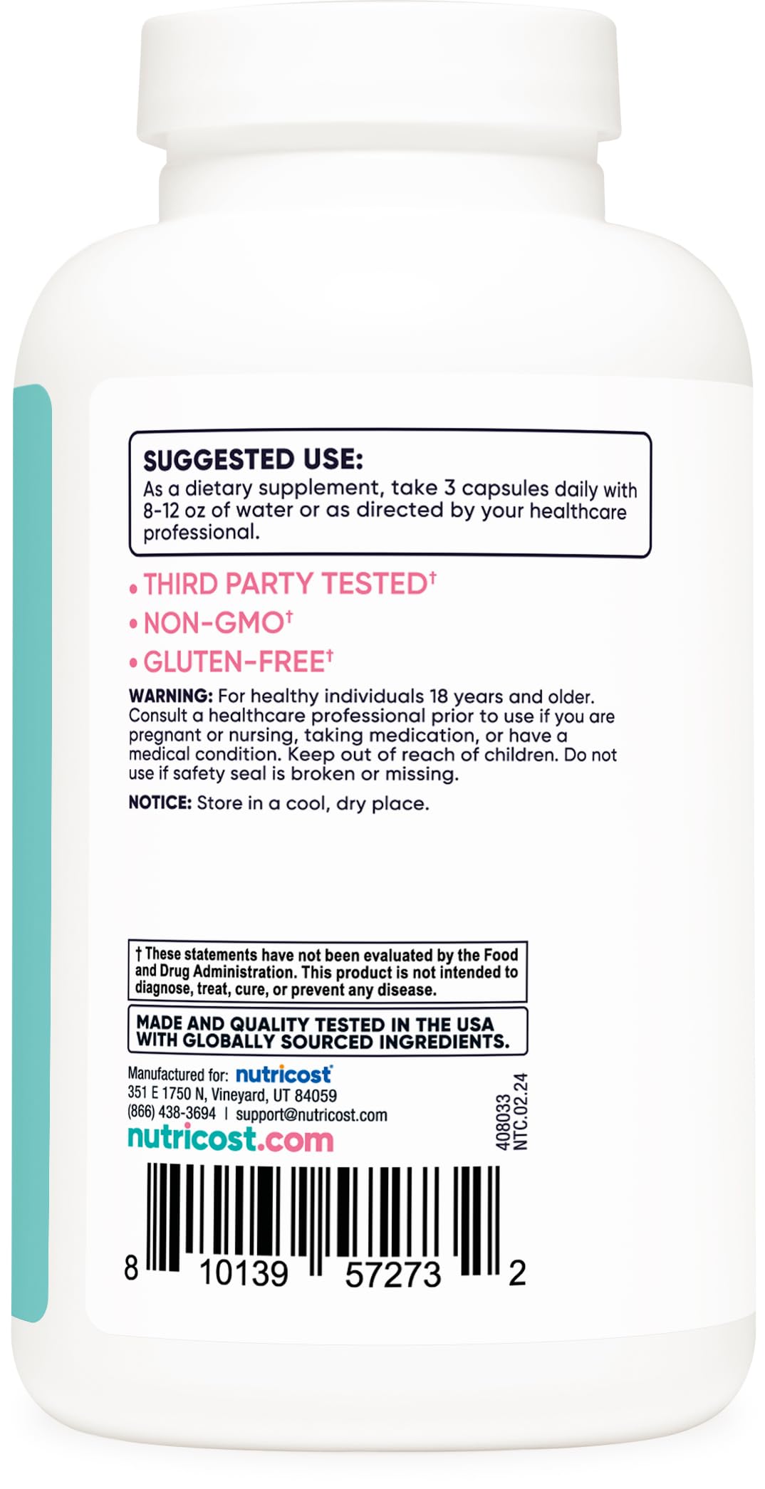 Nutricost D-Mannose cranberry bottle cap showing gluten-free packaging for dietary needs