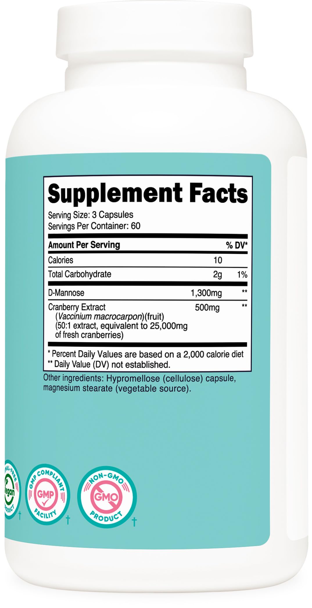 Nutricost D-Mannose cranberry packaging highlights 180 capsules and two-month supply