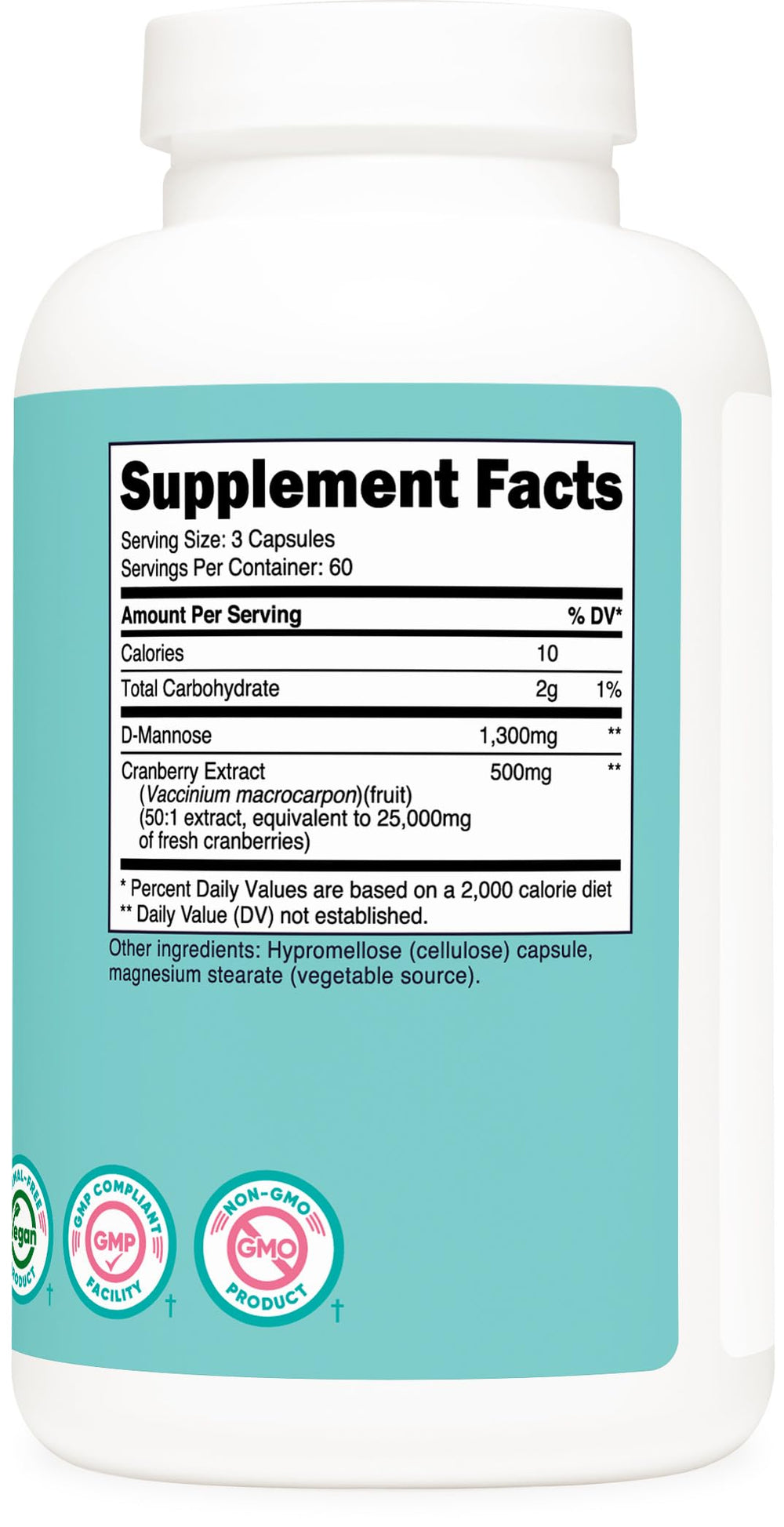 Nutricost D-Mannose cranberry packaging highlights 180 capsules and two-month supply