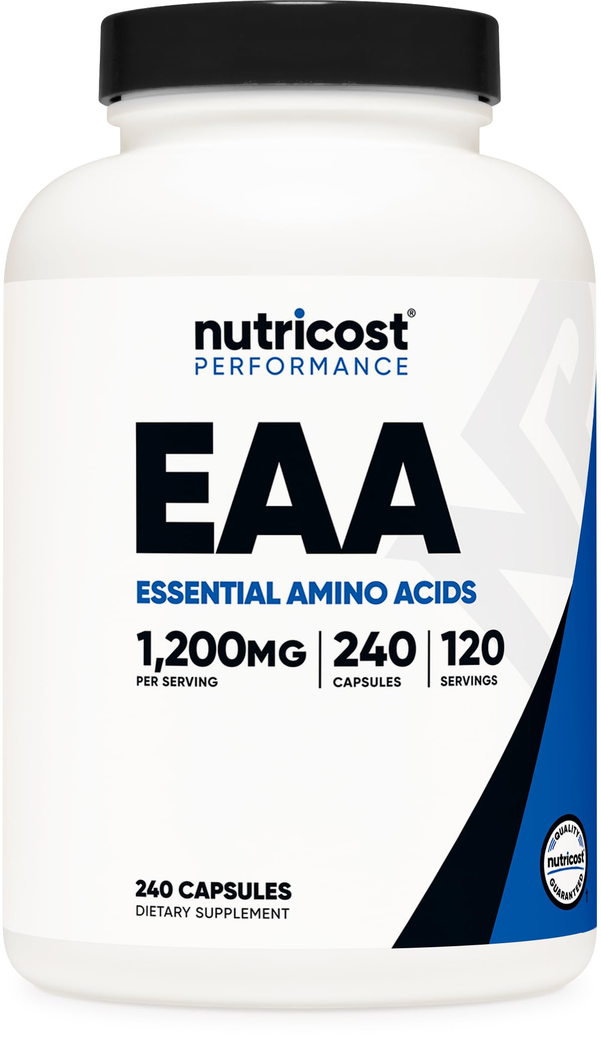 Nutricost EAA Capsules bottle showing 1200mg serving size for daily amino intake