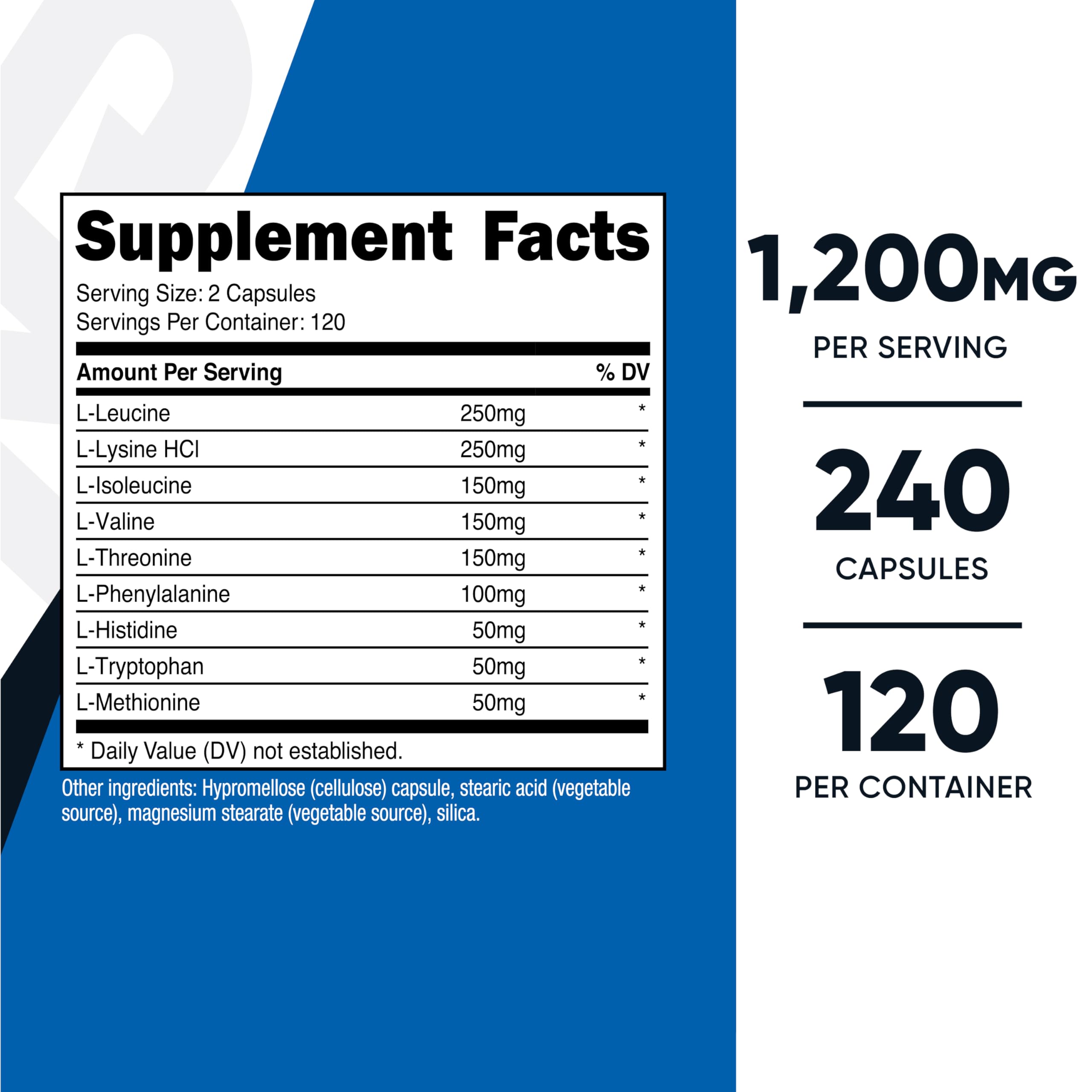 Nutricost EAA Capsules label highlights vegan, gluten-free and non-GMO formula