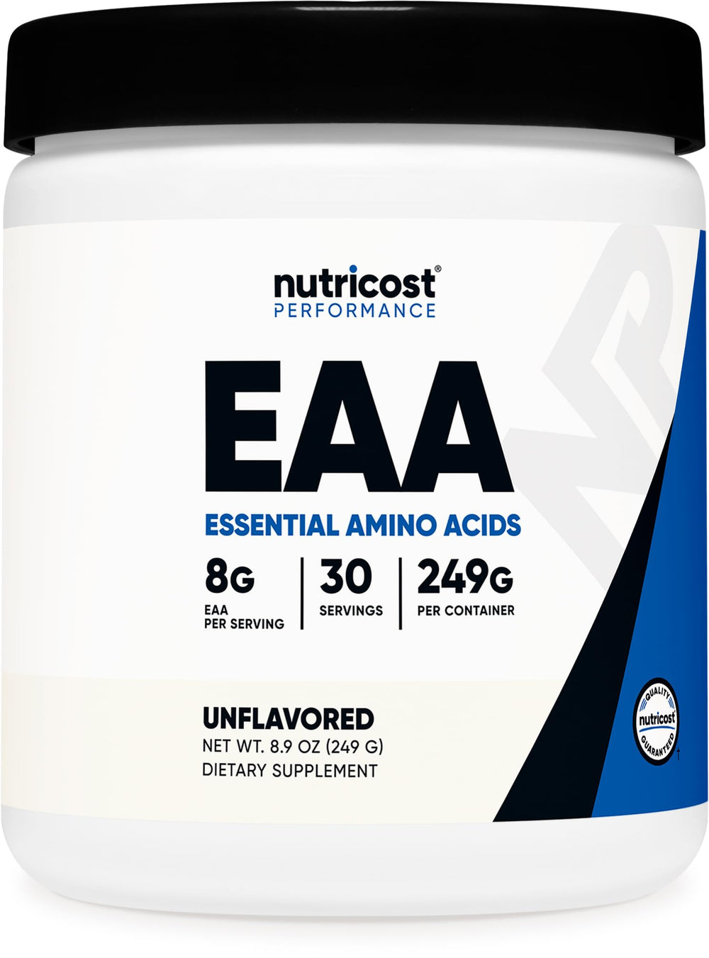 Nutricost EAA powder bottle front, unflavored formula for everyday amino acid intake