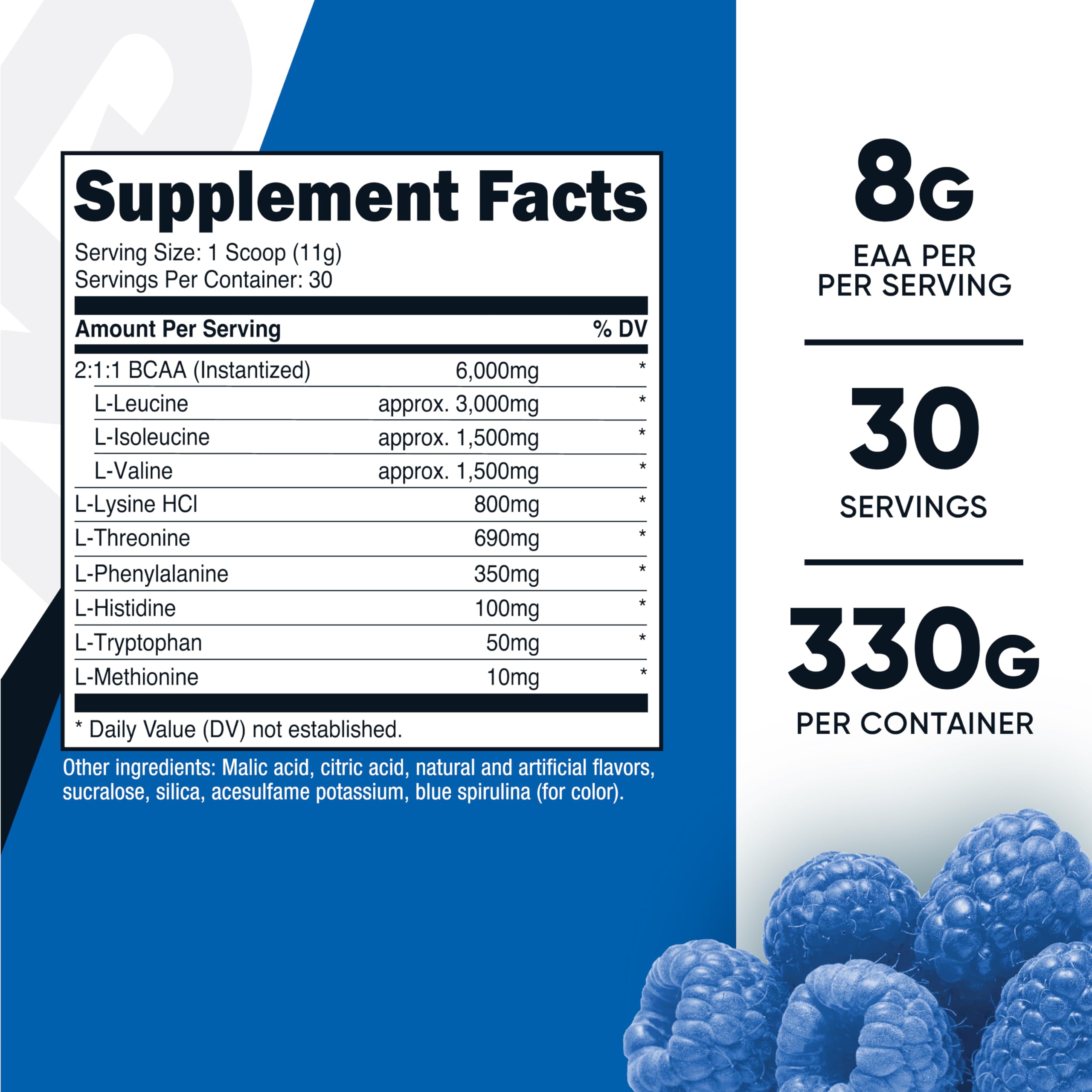 Nutricost EAA Powder blue raspberry scoop releasing powder for post-workout recovery.