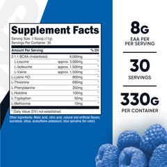 Nutricost EAA Powder blue raspberry scoop releasing powder for post-workout recovery.