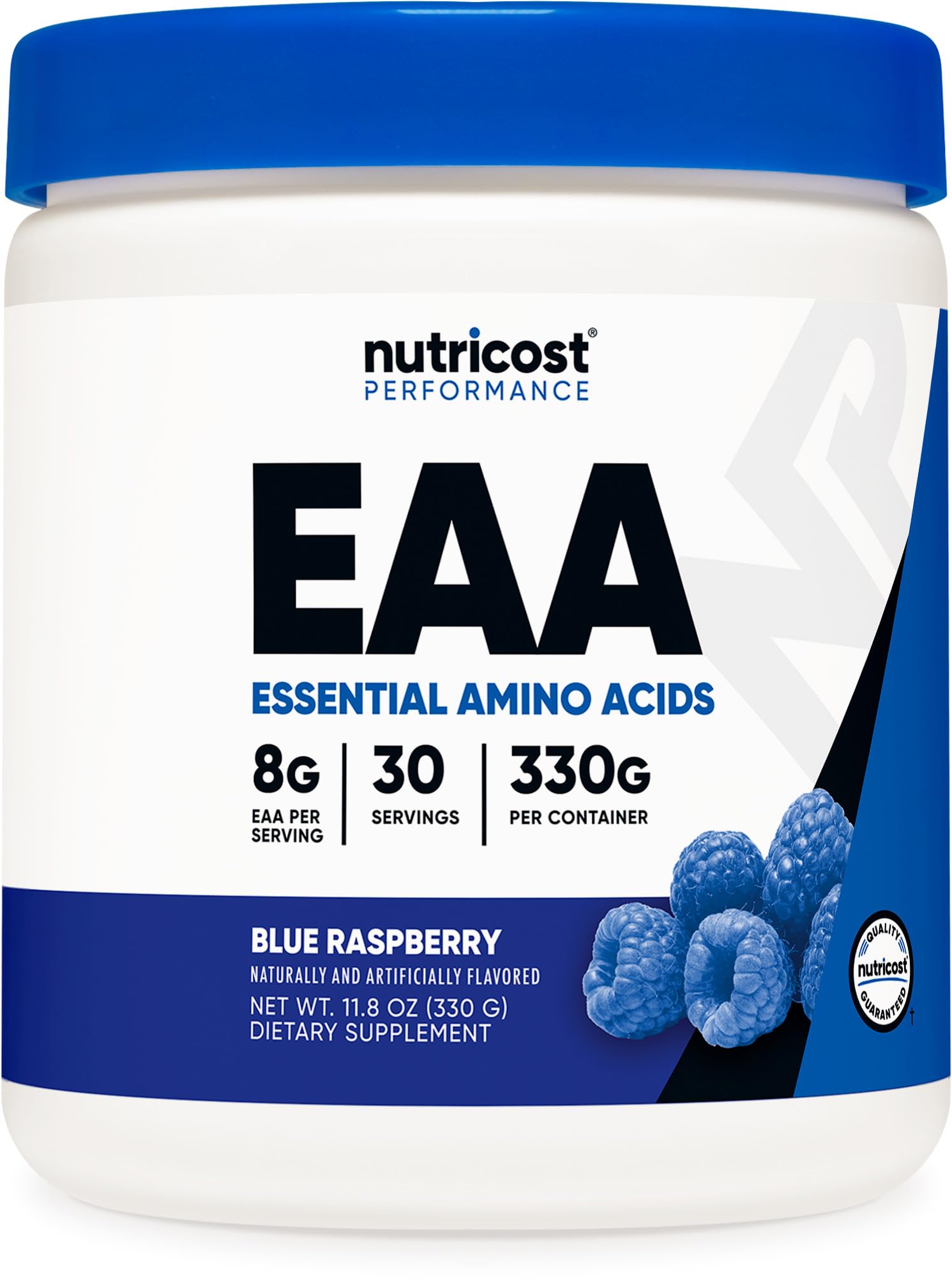 Nutricost EAA Powder blue raspberry bottle with scoop, ideal for daily workouts.