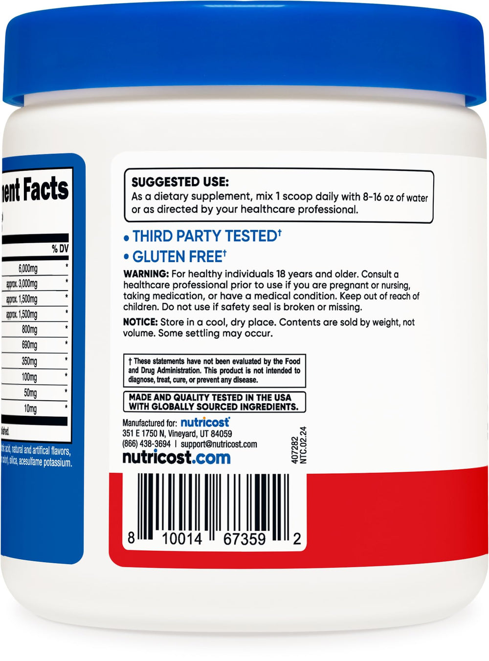 Close-up of Nutricost EAA bottle label highlighting non-GMO and gluten-free