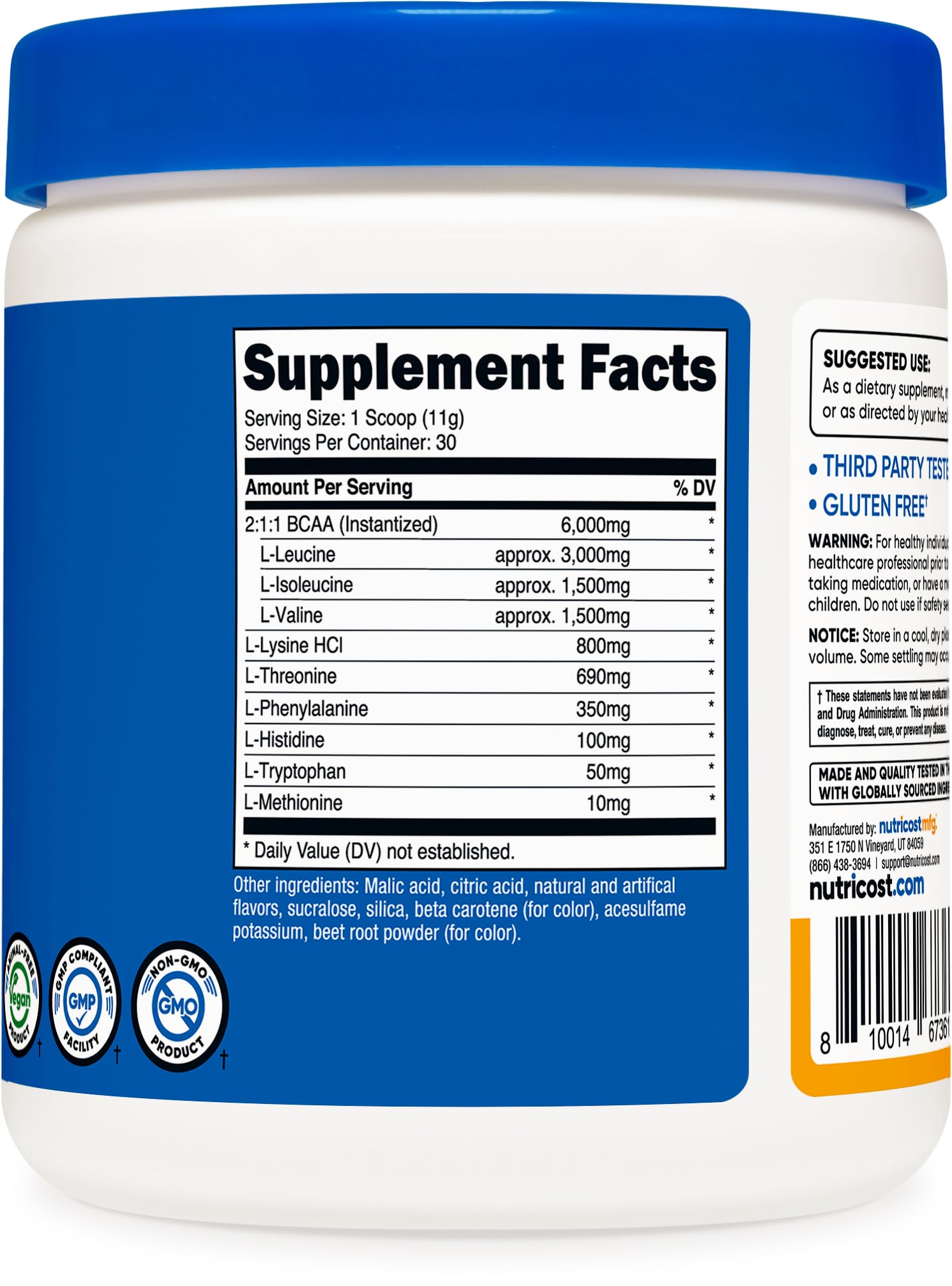 Nutricost EAA powder on kitchen counter in peach mango setting