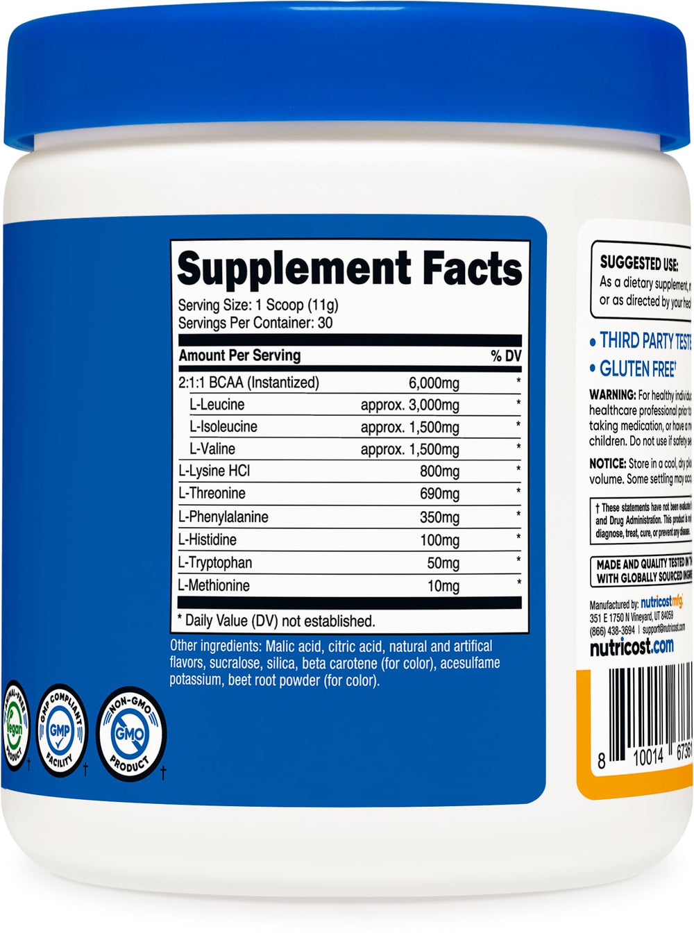 Nutricost EAA powder on kitchen counter in peach mango setting