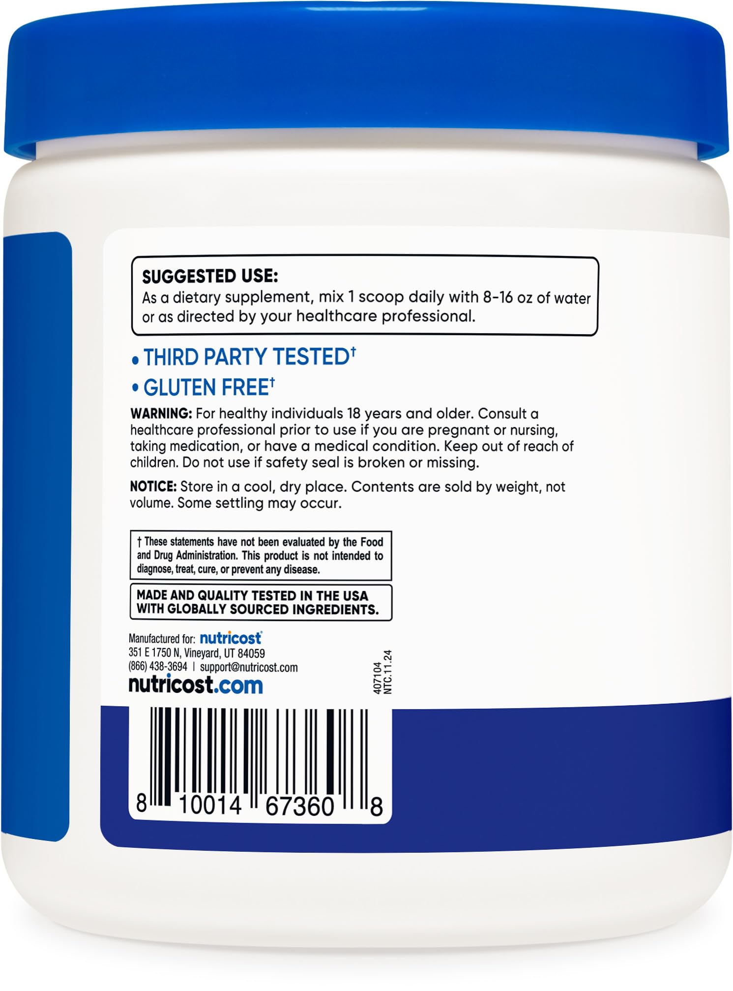 Nutricost EAA Powder bottle on counter highlights gluten-free, non-GMO formula.