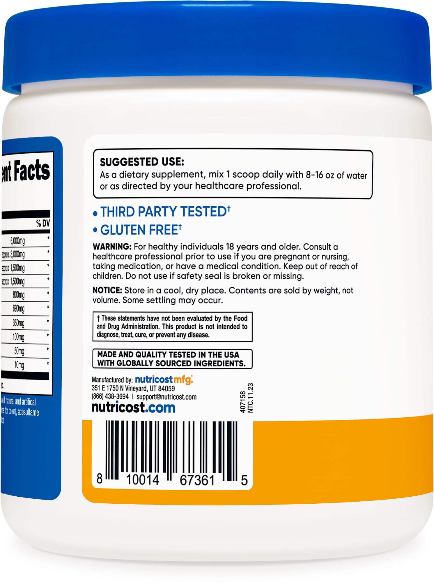 Nutricost EAA powder mixed in water with peach mango flavor ready to sip