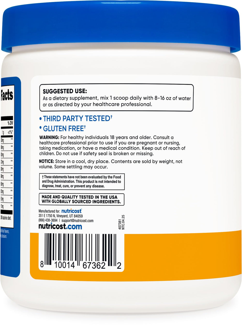 Nutricost EAA Powder POG ingredient label showing non-GMO and gluten-free