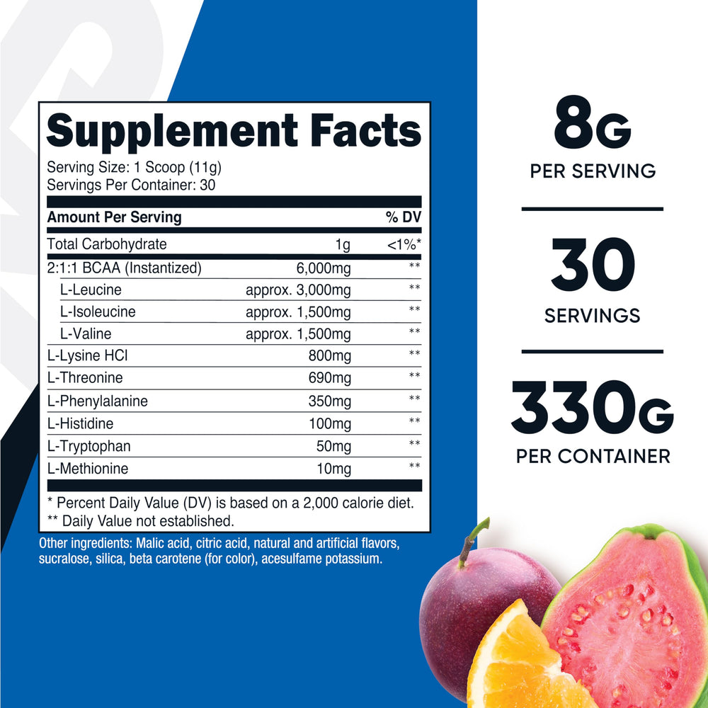 Nutricost EAA Powder POG tub closeup and ingredient label