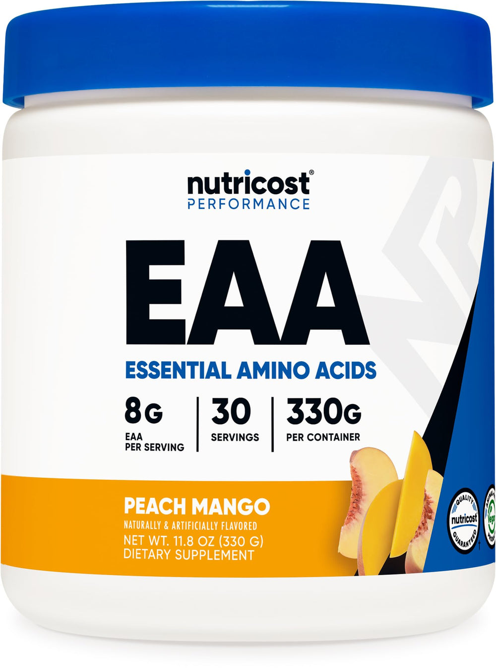 Nutricost EAA powder tub front with Peach Mango flavor for daily amino intake