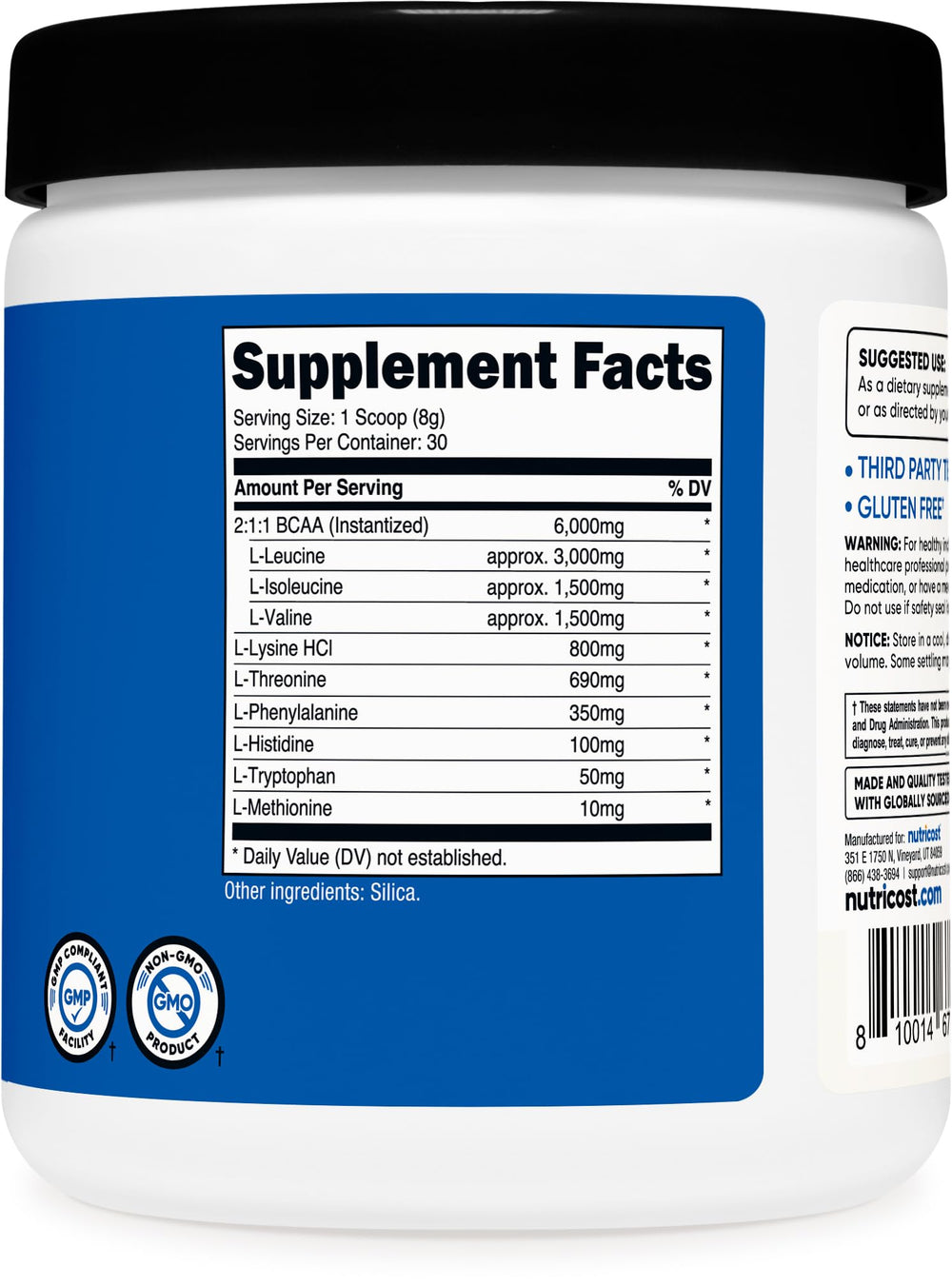 Nutricost EAA powder package on shelf; gluten-free and non-GMO credentials